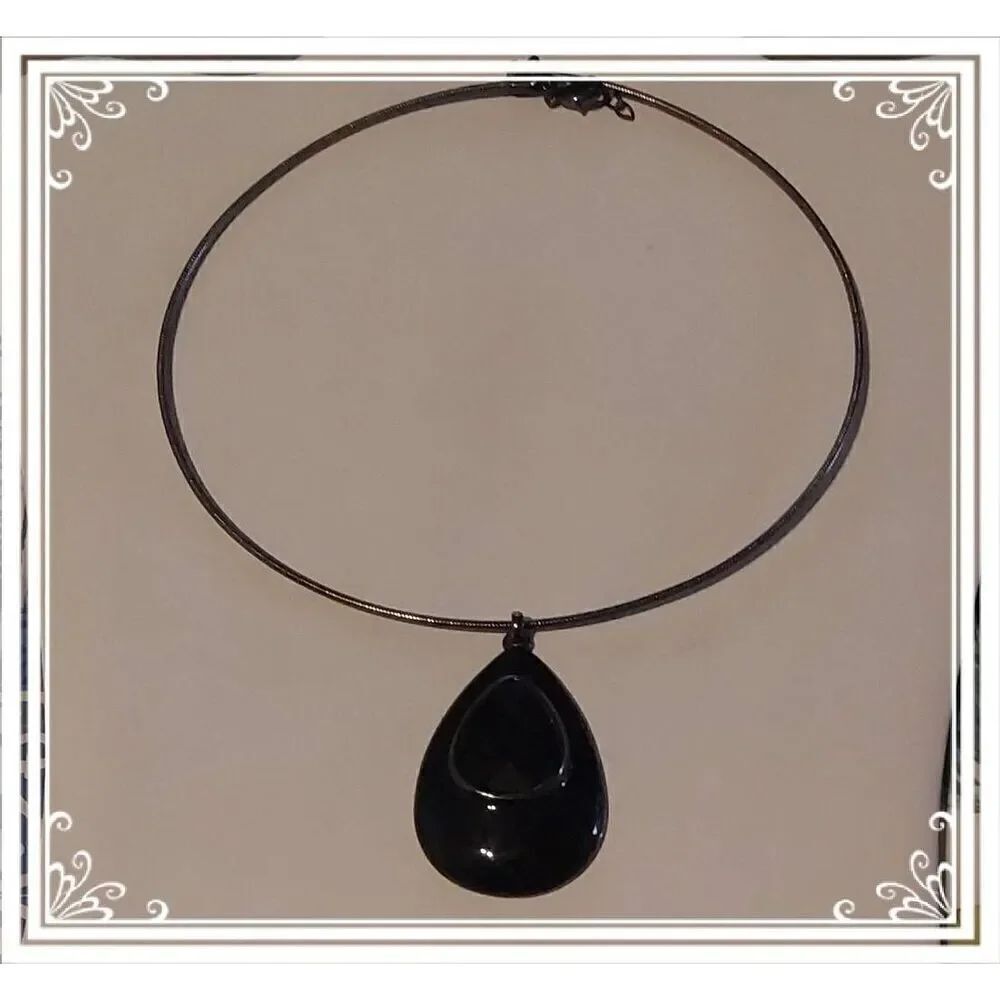 Black Enamel Faceted Tear in Teardrop Wire Choker Necklace